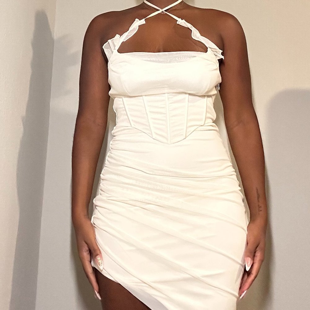 Oh polly, BELLADONNA, Asymmetric Hem Halter Neck Corset Midi Dress in Ivory